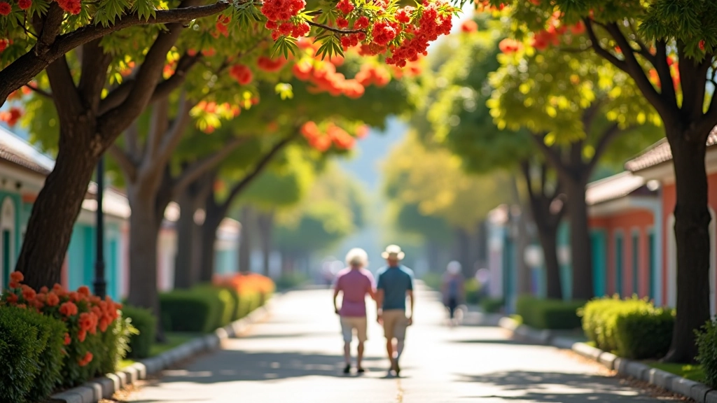 Avenida arbolada con flamboyanes en floración, personas caminando bajo la sombra natural de los árboles, mañana soleada en Aibonito