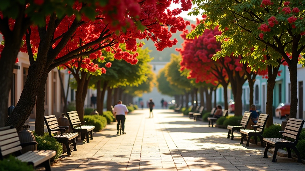 Avenida arbolada de flamboyanes en Aibonito con flores rojas y bancos de descanso, luz natural matutina