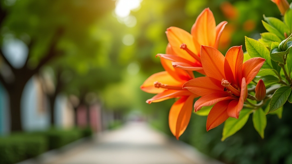 Primer plano de flores de flamboyan naranja-rojo brillante, hojas verdes, rama de árbol, fondo desenfocado de más flamboyanes en avenida, luz natural clara