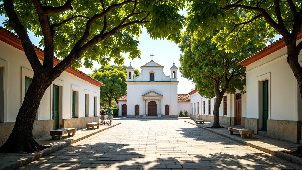 Plaza histórica de Aibonito con iglesia colonial al fondo, bancos de descanso bajo árboles de sombra, arquitectura tradicional puertorriqueña