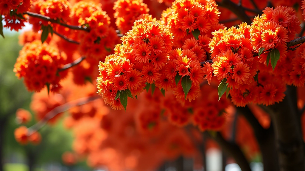 Densa floración de flamboyán en julio con miles de flores rojo anaranjadas cubriendo las ramas, dosel de color intenso, luz cenital clara, profundidad de campo