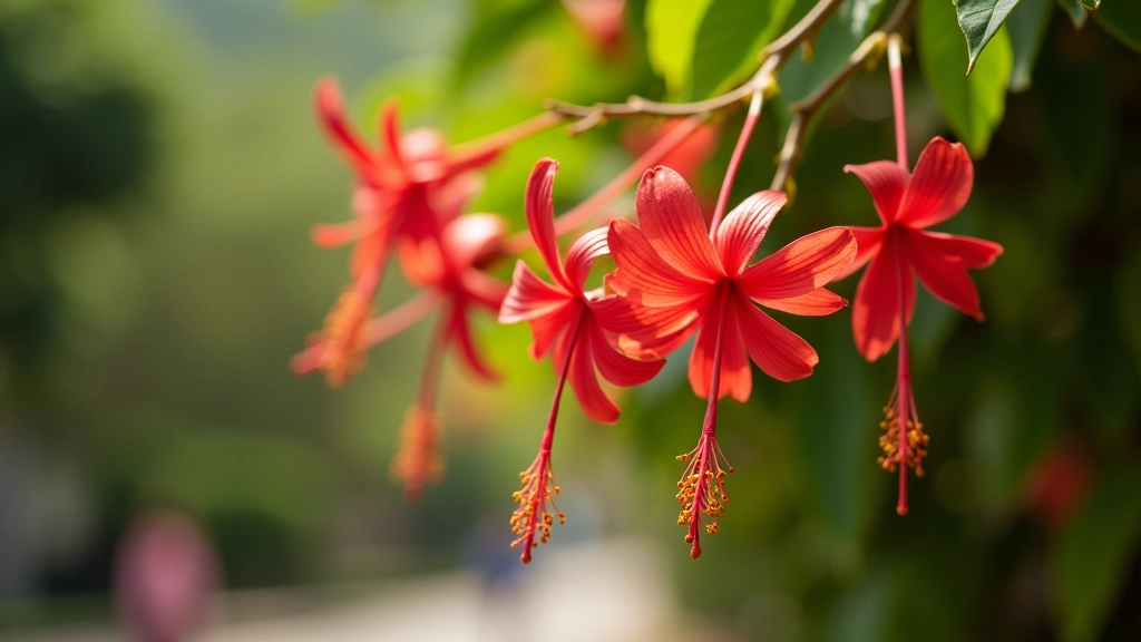 Flores rojas de flamboyan en ramas con follaje verde, detalles botánicos de la flor tropical, luz natural clara