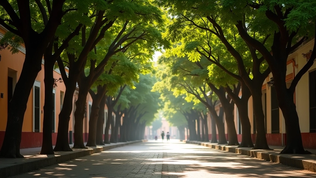 Avenida antigua de Aibonito flanqueada por árboles de flamboyán maduros que crean un dosel natural, arquitectura colonial visible, atmósfera histórica