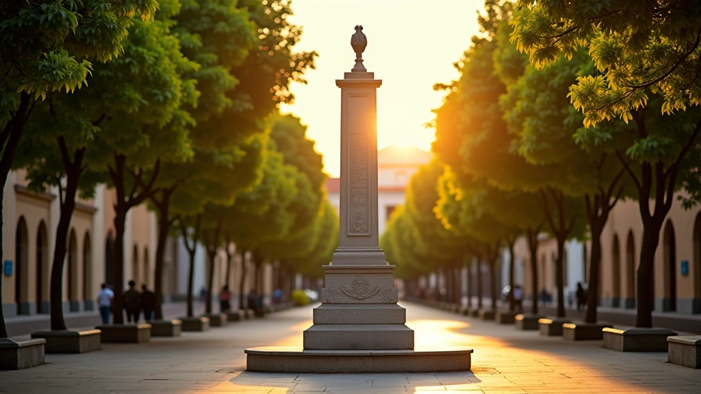 Estatua de los fundadores de Aibonito en el centro de la plaza, rodeada de árboles verdes y bancos de descanso, luz del atardecer dorada