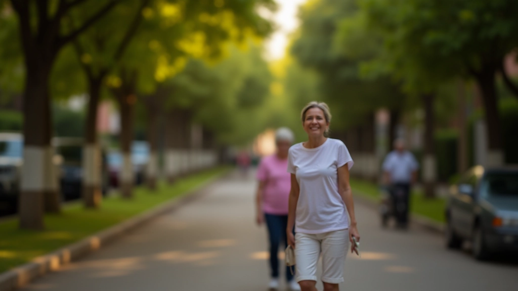 Persona caminando segura en avenida de Aibonito con bastón, iluminación clara, zona residencial con árboles