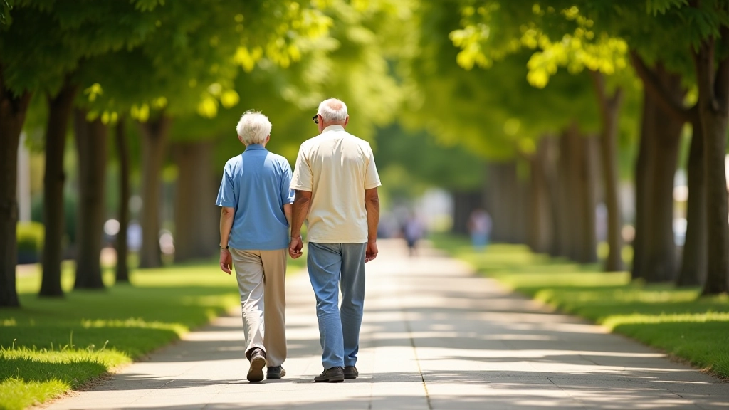 Pareja de adultos mayores caminando en parque con seguridad, usando bastones, buenos zapatos, ropa cómoda, camino pavimentado plano, sombra de árboles, día soleado pero no caluroso