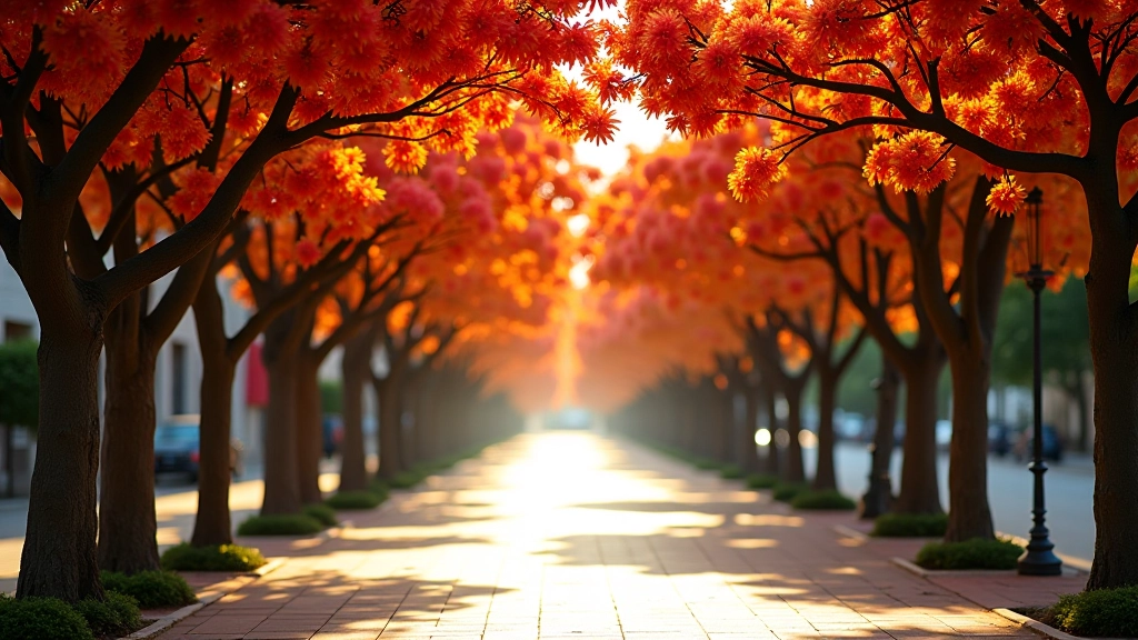 Vista de la avenida principal con flamboyanes en plena floración, creando un túnel de sombra roja y naranja sobre la acera