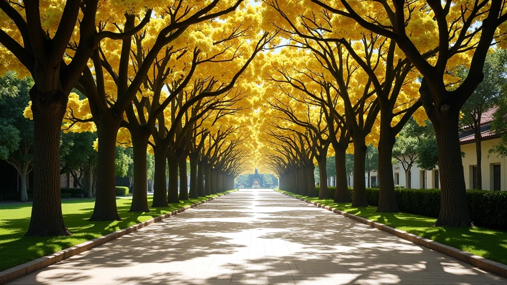Avenida arbolada con flamboyanes en floración, luz natural matutina, ambiente tranquilo
